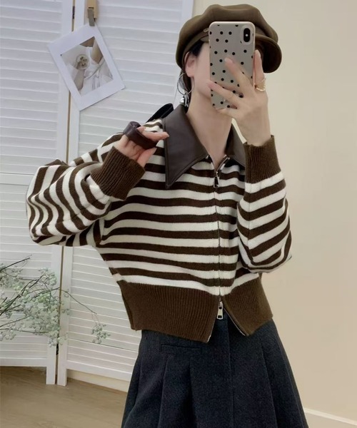 NoBelle(ノベル)の「異素材切り替え ニットフェイクレザージッパー(ニット/セーター・レディース・ブラウン/ホワイト・FREE)」の2枚目の写真