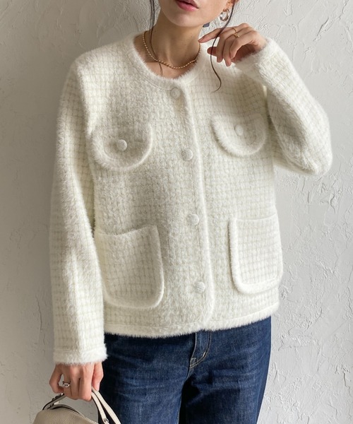 She's Closet(シーズクローゼット)の「ショート丈ラメ配色シャギーニットジャケット/カーディガン(カーディガン/ボレロ・レディース・アイボリー/ブラック・FREE)」の1枚目の写真