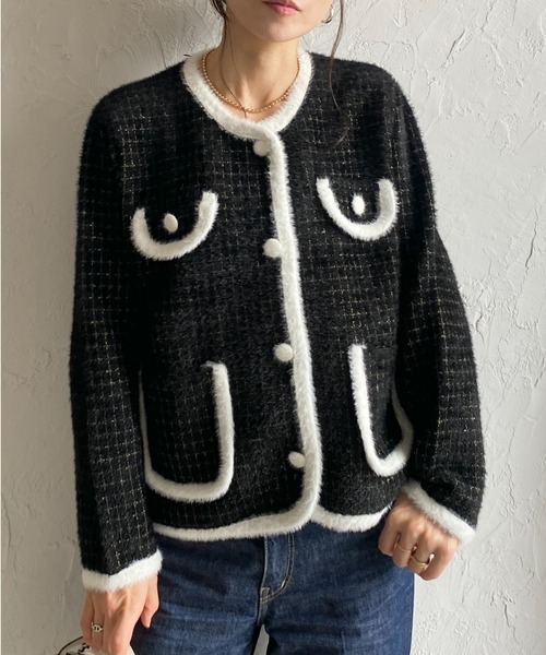 She's Closet(シーズクローゼット)の「ショート丈ラメ配色シャギーニットジャケット/カーディガン(カーディガン/ボレロ・レディース・アイボリー/ブラック・FREE)」の2枚目の写真