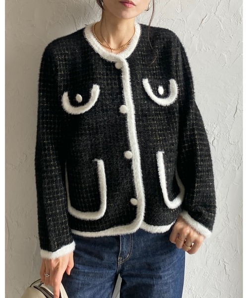 She's Closet(シーズクローゼット)の「ショート丈ラメ配色シャギーニットジャケット/カーディガン(カーディガン/ボレロ・レディース・アイボリー/ブラック・FREE)」の18枚目の写真