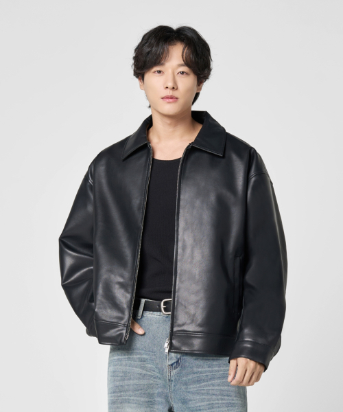 セール】オーバーサイズヴィーガンレザージャケット[ブラック