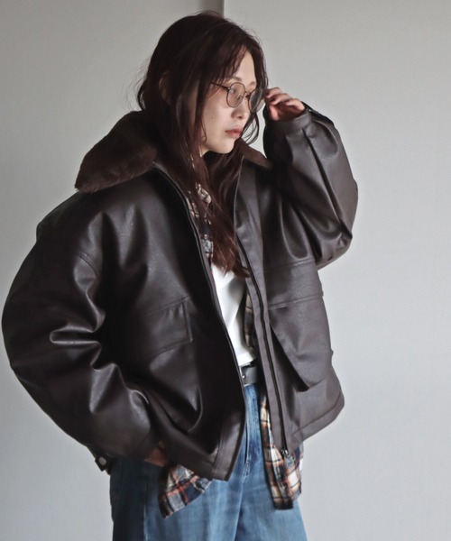 セール】襟ファー脱着中綿フェイクレザーブルゾン（ブルゾン）｜COURO