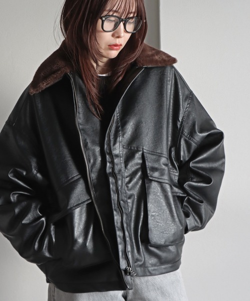 セール】襟ファー脱着中綿フェイクレザーブルゾン（ブルゾン）｜COURO