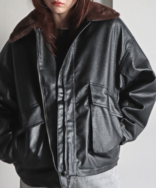 セール】襟ファー脱着中綿フェイクレザーブルゾン（ブルゾン）｜COURO