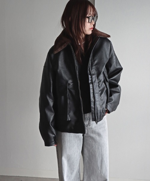 セール】襟ファー脱着中綿フェイクレザーブルゾン（ブルゾン）｜COURO