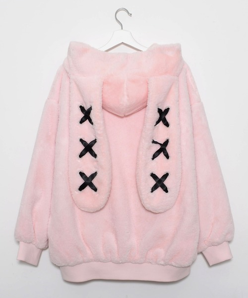 Revo.(レボ)の「【25AW新色追加】ラビット うさ耳 フードデザイン フェイクファー ブルゾン レースアップ うさみみ 耳付き ファージップパーカー(ブルゾン・レディース・ホワイト/ブラック×ホワイト/ピンク/ブラック×パープル/サックスブルー・FREE)」の5枚目の写真