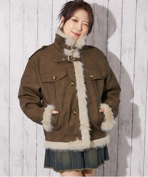 セール】《フェイクレザー×ファー切替》レディース ボタン留め ミドル