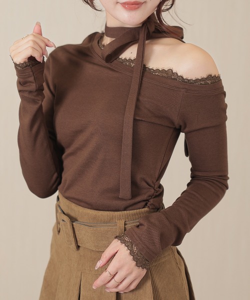 Lace Ladies(レースレディース)の「チョーカー リボン レース ワンショルダー トップス(Tシャツ/カットソー・レディース・ブラック/ホワイト/ブラウン・S/M)」の20枚目の写真