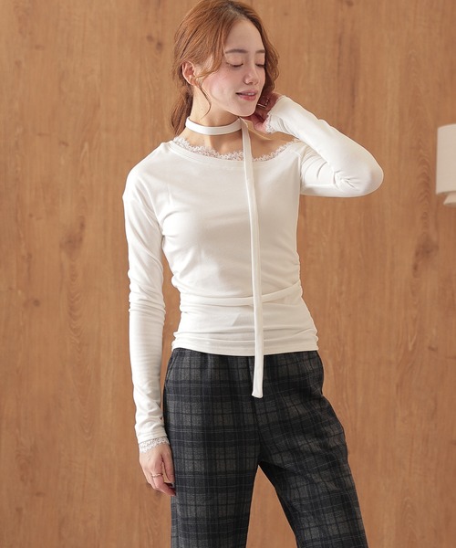 Lace Ladies(レースレディース)の「チョーカー リボン レース ワンショルダー トップス(Tシャツ/カットソー・レディース・ブラック/ホワイト/ブラウン・S/M)」の9枚目の写真