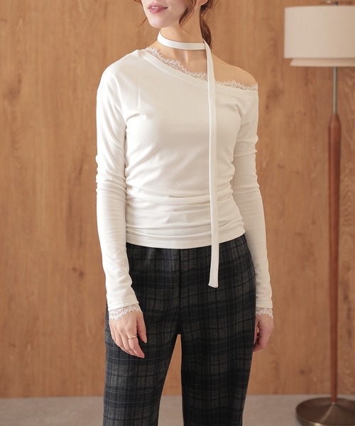 Lace Ladies(レースレディース)の「チョーカー リボン レース ワンショルダー トップス(Tシャツ/カットソー・レディース・ブラック/ホワイト/ブラウン・S/M)」の12枚目の写真