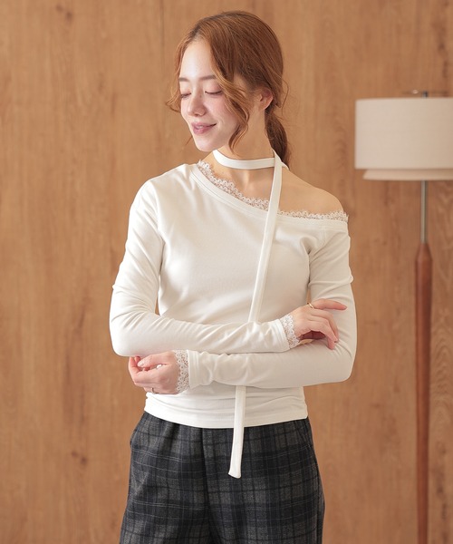 Lace Ladies(レースレディース)の「チョーカー リボン レース ワンショルダー トップス(Tシャツ/カットソー・レディース・ブラック/ホワイト/ブラウン・S/M)」の13枚目の写真