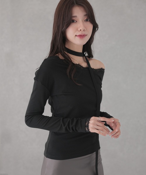 Lace Ladies(レースレディース)の「チョーカー リボン レース ワンショルダー トップス(Tシャツ/カットソー・レディース・ブラック/ホワイト/ブラウン・S/M)」の14枚目の写真