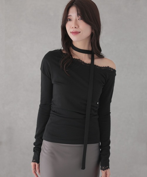 Lace Ladies(レースレディース)の「チョーカー リボン レース ワンショルダー トップス(Tシャツ/カットソー・レディース・ブラック/ホワイト/ブラウン・S/M)」の16枚目の写真