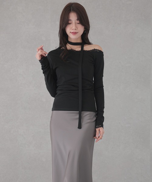 Lace Ladies(レースレディース)の「チョーカー リボン レース ワンショルダー トップス(Tシャツ/カットソー・レディース・ブラック/ホワイト/ブラウン・S/M)」の17枚目の写真