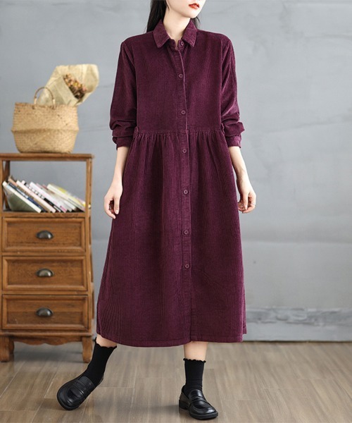 ONEP STAR（ワンピスター）の「コーデュロイシャツワンピース（シャツワンピース・レディース・ブラウン/プラム/ブラック/ブルーグリーン・MEDIUM/LARGE/X-LARGE）」の4枚目の写真