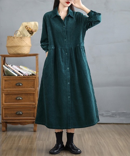 ONEP STAR（ワンピスター）の「コーデュロイシャツワンピース（シャツワンピース・レディース・ブラウン/プラム/ブラック/ブルーグリーン・MEDIUM/LARGE/X-LARGE）」の5枚目の写真