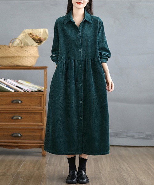 ONEP STAR（ワンピスター）の「コーデュロイシャツワンピース（シャツワンピース・レディース・ブラウン/プラム/ブラック/ブルーグリーン・MEDIUM/LARGE/X-LARGE）」の6枚目の写真