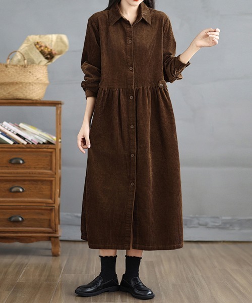 ONEP STAR（ワンピスター）の「コーデュロイシャツワンピース（シャツワンピース・レディース・ブラウン/プラム/ブラック/ブルーグリーン・MEDIUM/LARGE/X-LARGE）」の9枚目の写真