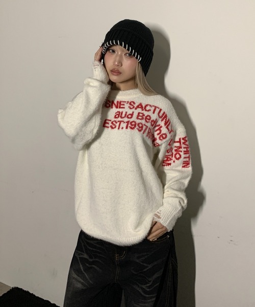 lilful（リルフル）の「レタリングロゴ オーバーサイズ ダメージ加工ニット（ニット/セーター・レディース・アイボリー/グレー/ホワイト・M/L）」の20枚目の写真