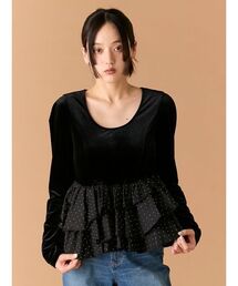 Tシャツ/カットソー（ブラック/黒色系・フリル）ファッション通販