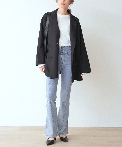 .WORKS(ドットワークス)の「前脇クロス切替 ストレッチデニムフレアーパンツ(デニムパンツ・レディース・ダークグレー/サックスブルー/ブルー・61/64)」の19枚目の写真