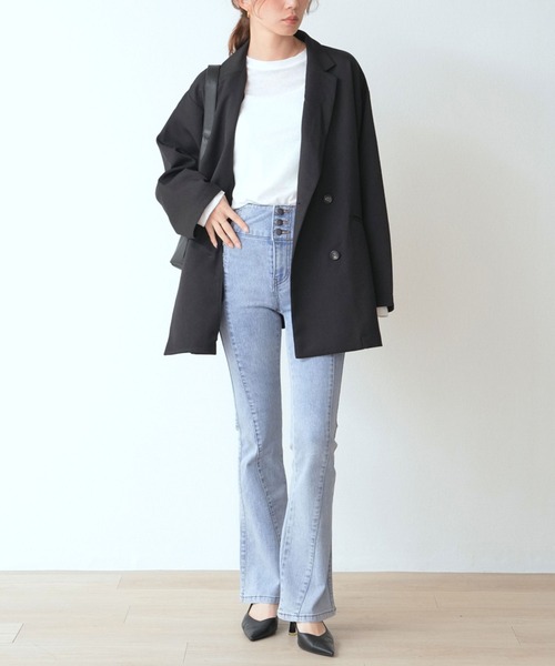 .WORKS(ドットワークス)の「前脇クロス切替 ストレッチデニムフレアーパンツ(デニムパンツ・レディース・ダークグレー/サックスブルー/ブルー・61/64)」の20枚目の写真