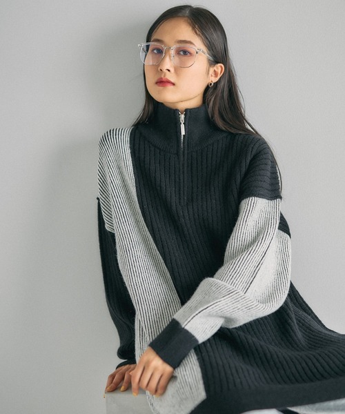 Plum_Shady 7ゲージ配色ZIPチュニック 638087（ニット/セーター）｜LEPSIM