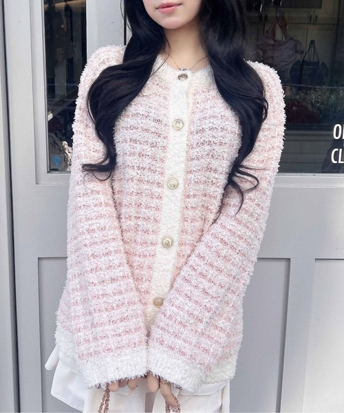 INGNI(イング)の「ラメツイードニットカーディガン(カーディガン/ボレロ・レディース・ピンク系2/ブラック×ホワイト/グレー系8・M)」の1枚目の写真