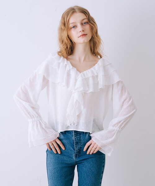 SELFIST(セルフィスト)の「ラッフルドビーフリルブラウス リボン フレア袖 シアー 春服(シャツ/ブラウス・レディース・ブラック/オフホワイト・フリー)」の8枚目の写真