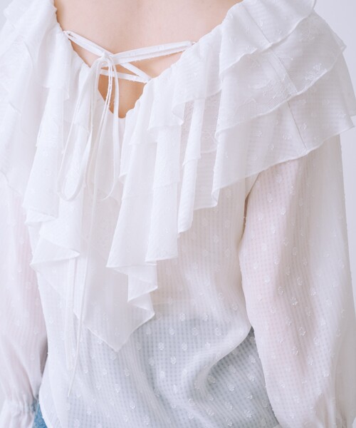 SELFIST(セルフィスト)の「ラッフルドビーフリルブラウス リボン フレア袖 シアー 春服(シャツ/ブラウス・レディース・ブラック/オフホワイト・フリー)」の14枚目の写真