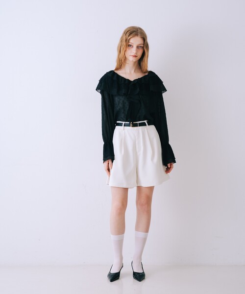 SELFIST(セルフィスト)の「ラッフルドビーフリルブラウス リボン フレア袖 シアー 春服(シャツ/ブラウス・レディース・ブラック/オフホワイト・フリー)」の16枚目の写真