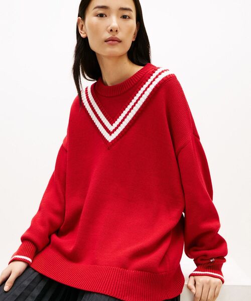 TOMMY HILFIGER（トミーヒルフィガー）の「バーシティクリケットクルーネックロングスリーブセーター（ニット/セーター・レディース・レッド・XX-SMALL）」の6枚目の写真