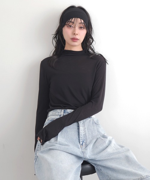 LIAN(リアン)の「ハイネックシアーメロートップス(Tシャツ/カットソー・レディース・イエロー/グレー/オフホワイト/ブラック・FREE)」の1枚目の写真