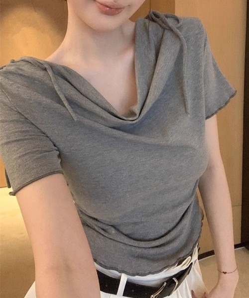NANEA(ナネア)の「サイドギャザードレープメローTシャツ(Tシャツ/カットソー・レディース・グレー/ピンク/ホワイト/ブラック/ブルー・SMALL)」の4枚目の写真