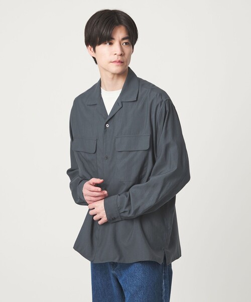 green label relaxing(グリーンレーベルリラクシング)の「ナイロン ツイル オープンカラー シャツ ブルゾン -撥水-(ナイロンジャケット・メンズ・ライトグレー/ダークグリーン/ブラック・XL/L/S/M)」の3枚目の写真