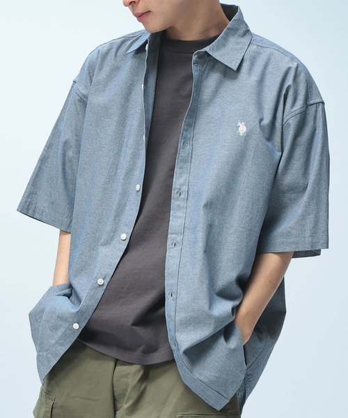 U.S. POLO ASSN.（ユーエスポロアッスン）の「U.S. POLO ASSN. (ユーエスポロアッスン) オーバーサイズ 半袖 シャツ ワンポイント ロゴ 刺繍 綿100% 無地 カジュアルシャツ（シャツ/ブラウス・メンズ・ネイビー/ブラック/ホワイト/サックスブルー・LL/L/M）」の22枚目の写真
