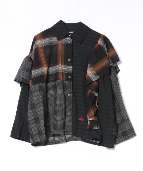 Vivienne Westwood(ヴィヴィアンウエストウッド)の「テクスチャーチェックブロッキングフリルL/Sシャツ(シャツ/ブラウス・レディース・キナリ/ブラック系その他・FREE)」の2枚目の写真