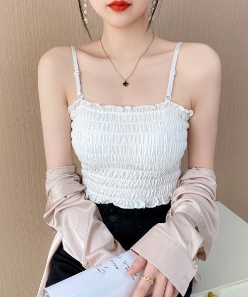pyornim(ピョルニム)の「【カップ付】シャーリング キャミソール ストラップ取り外し可能(キャミソール・レディース・グレー/ブラック/カーキ/ホワイト・F)」の20枚目の写真