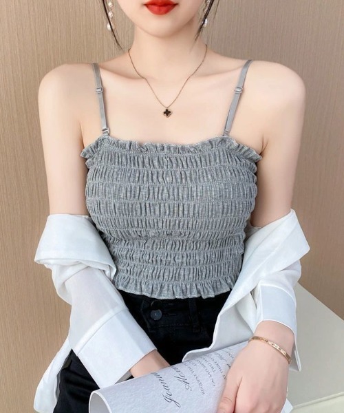 pyornim(ピョルニム)の「【カップ付】シャーリング キャミソール ストラップ取り外し可能(キャミソール・レディース・グレー/ブラック/カーキ/ホワイト・F)」の12枚目の写真