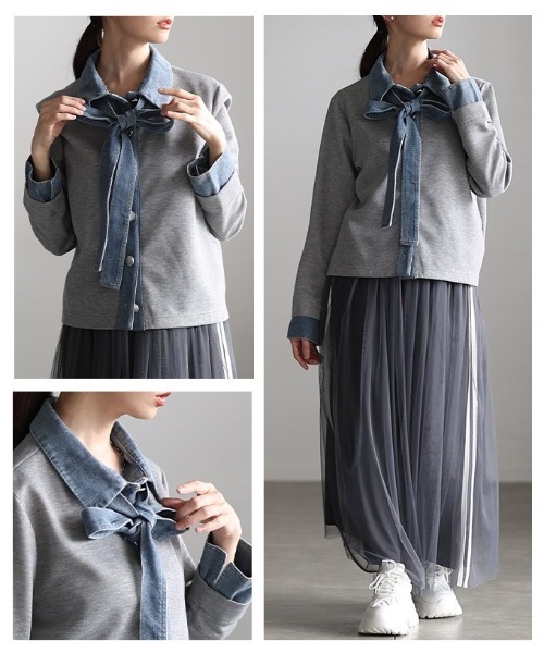Sawa a la mode（サワアラモード）の「リボンタイ付き異素材スウェットトップス（シャツ/ブラウス・レディース・グレー/レッド/ネイビー・FREE）」の6枚目の写真