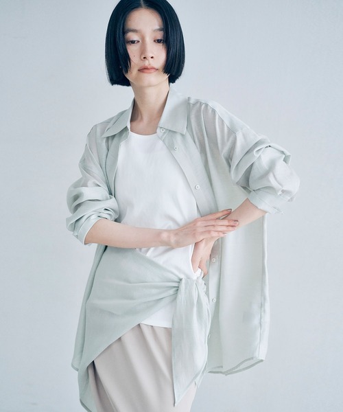 Obis＆（オビスアンド）の「マルチWay シアーシャツ＆スカーフセット（シャツ/ブラウス・レディース・セージグリーン/オフホワイト・FREE）」の2枚目の写真