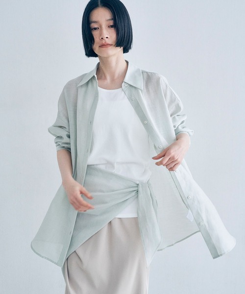 Obis＆（オビスアンド）の「マルチWay シアーシャツ＆スカーフセット（シャツ/ブラウス・レディース・セージグリーン/オフホワイト・FREE）」の3枚目の写真