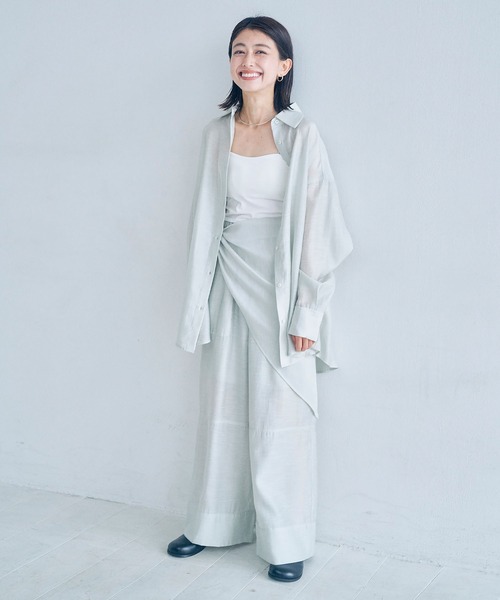 Obis＆（オビスアンド）の「マルチWay シアーシャツ＆スカーフセット（シャツ/ブラウス・レディース・セージグリーン/オフホワイト・FREE）」の14枚目の写真