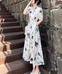 モノトーンフラワーカシュクールロングワンピース