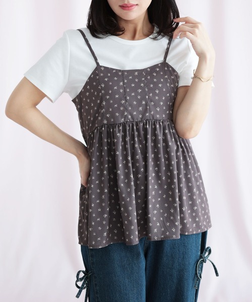 Ruwan yu(ルワンユー)の「小花柄バックシャーリングビスチェチュニック(キャミソール・レディース・ブラウン・L/LL/3L/4L)」の1枚目の写真