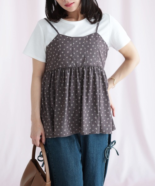 Ruwan yu(ルワンユー)の「小花柄バックシャーリングビスチェチュニック(キャミソール・レディース・ブラウン・L/LL/3L/4L)」の2枚目の写真