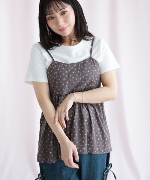 Ruwan yu(ルワンユー)の「小花柄バックシャーリングビスチェチュニック(キャミソール・レディース・ブラウン・L/LL/3L/4L)」の5枚目の写真