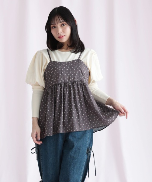 Ruwan yu(ルワンユー)の「小花柄バックシャーリングビスチェチュニック(キャミソール・レディース・ブラウン・L/LL/3L/4L)」の16枚目の写真