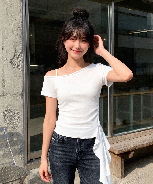 GENERAL IDEA(ジェネラルアイデア)の「【GENERAL IDEA】メッシュトリミングワンショルダーTシャツ / MESH TRIM ONE-SHOULDER T-SHIRT(Tシャツ/カットソー・レディース・ブラック/ピンク/ホワイト・L/M/S)」の1枚目の写真