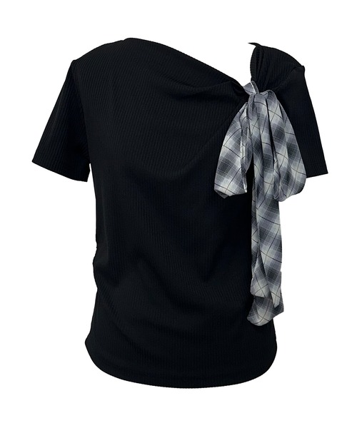 archives(アルシーヴ)の「【チェックリボンが主役の着映えトップス】2wayチェックシフォンリボンドレープカットTOPS(Tシャツ/カットソー・レディース・ブラック/ネイビー/アイボリー・MEDIUM)」の5枚目の写真